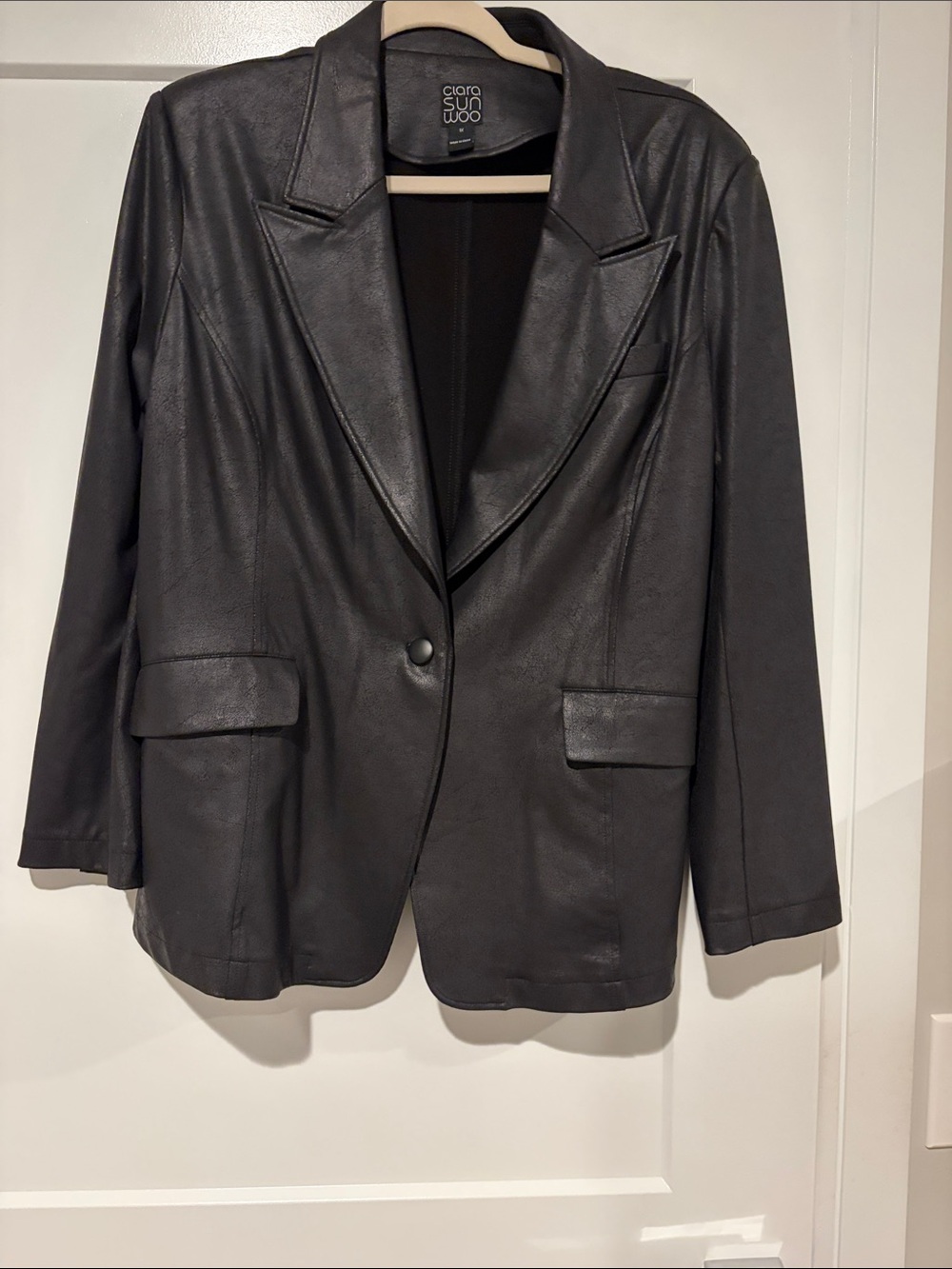 CLARA SUNWOO Black Faux Leather Blazer with Notch Lapels